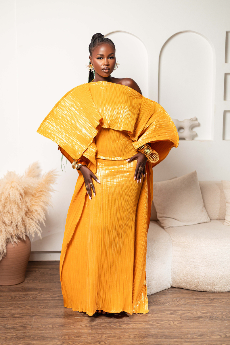 ANIRA PLISSE MAXI DRESS (MUSTARD)