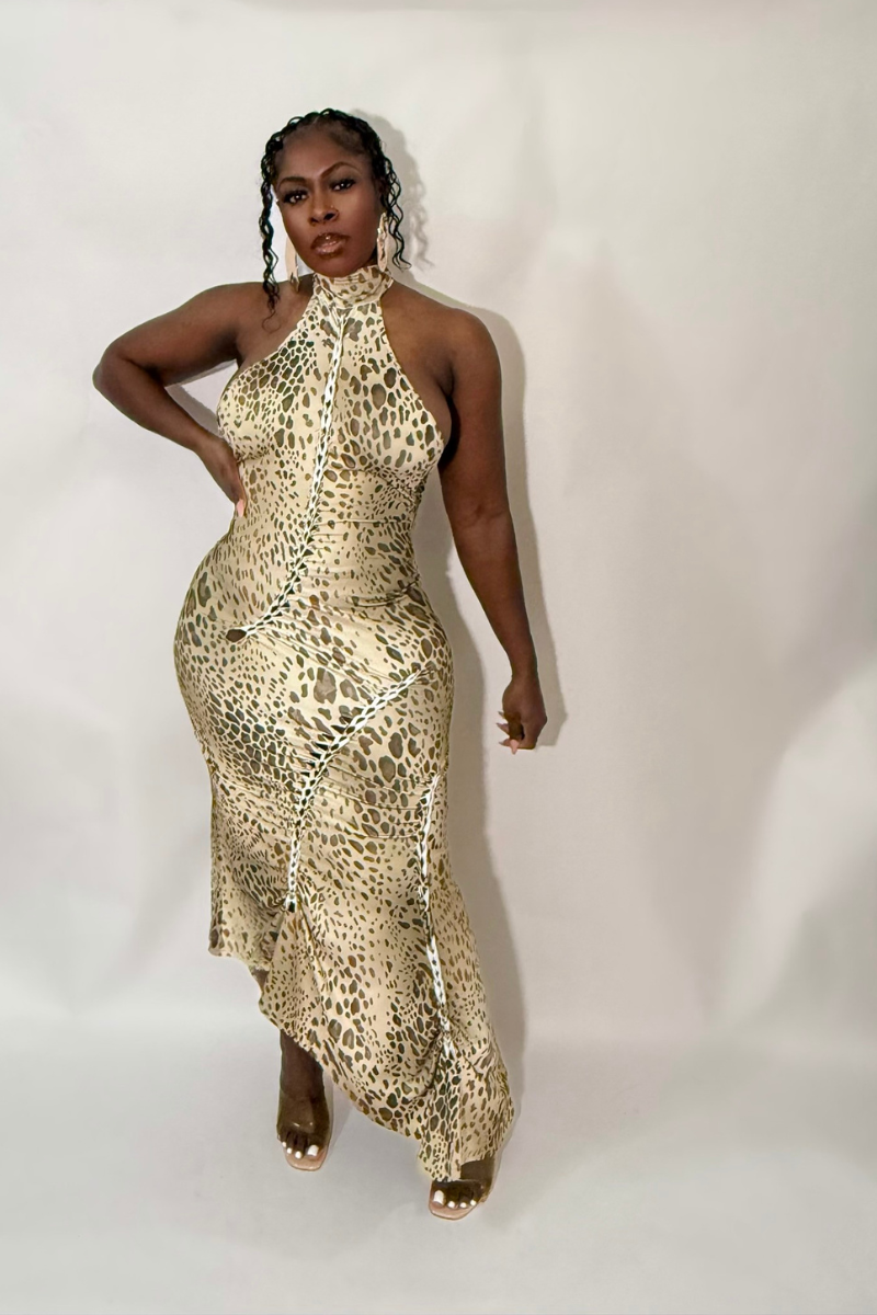 ANDRI LEOPARD HALTER MIDI DRESS