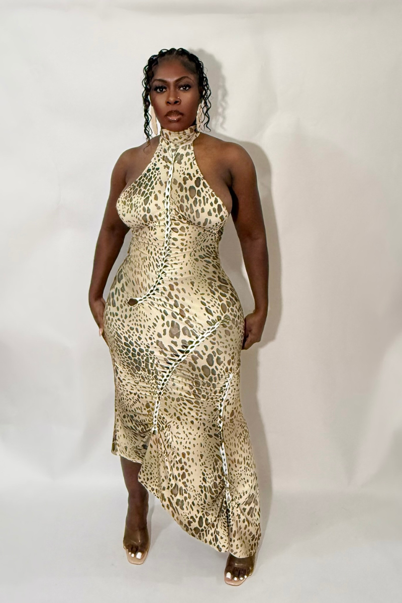 ANDRI LEOPARD HALTER MIDI DRESS