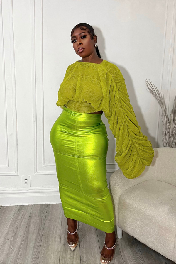 SORBAE METALLIC MIDI SKIRT (GREEN)