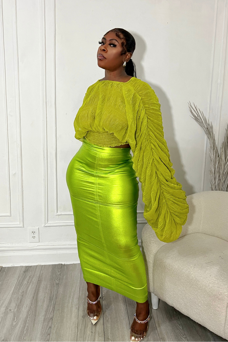 SORBAE METALLIC MIDI SKIRT (GREEN)