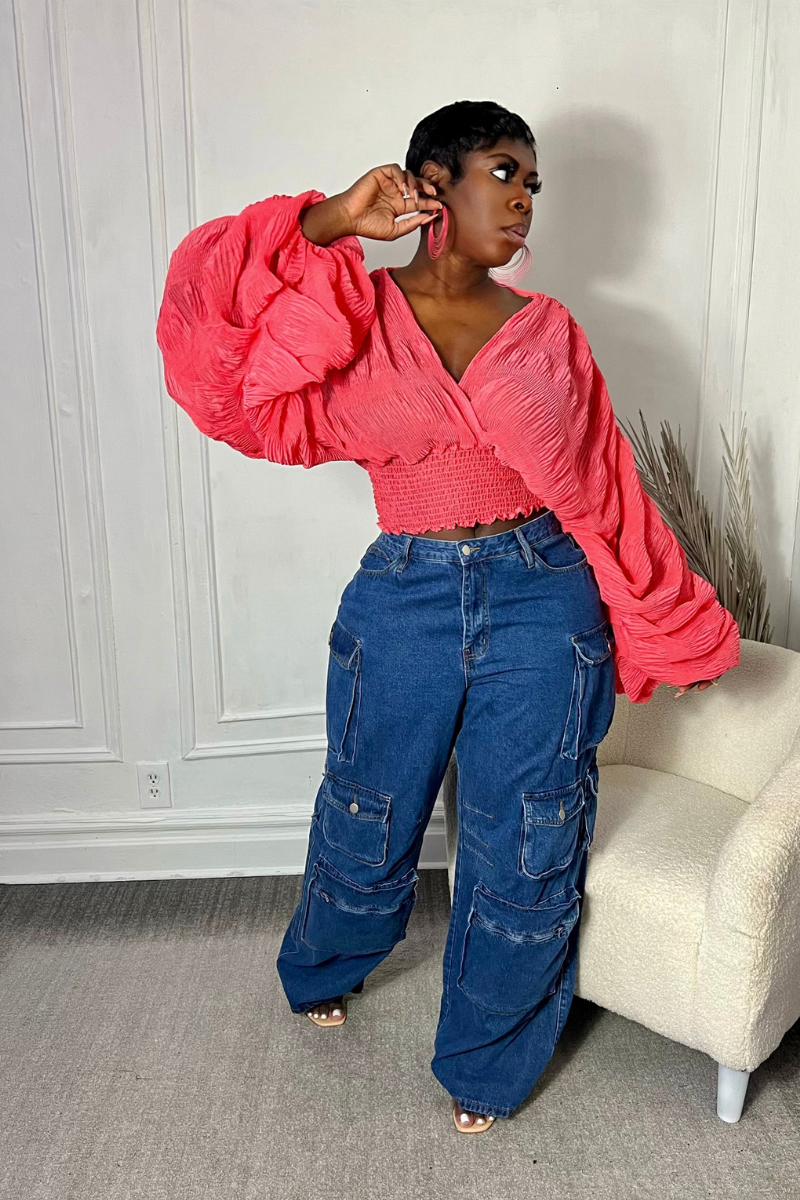 AALIYAH BUBBLE SLEEVE TOP (CORAL)