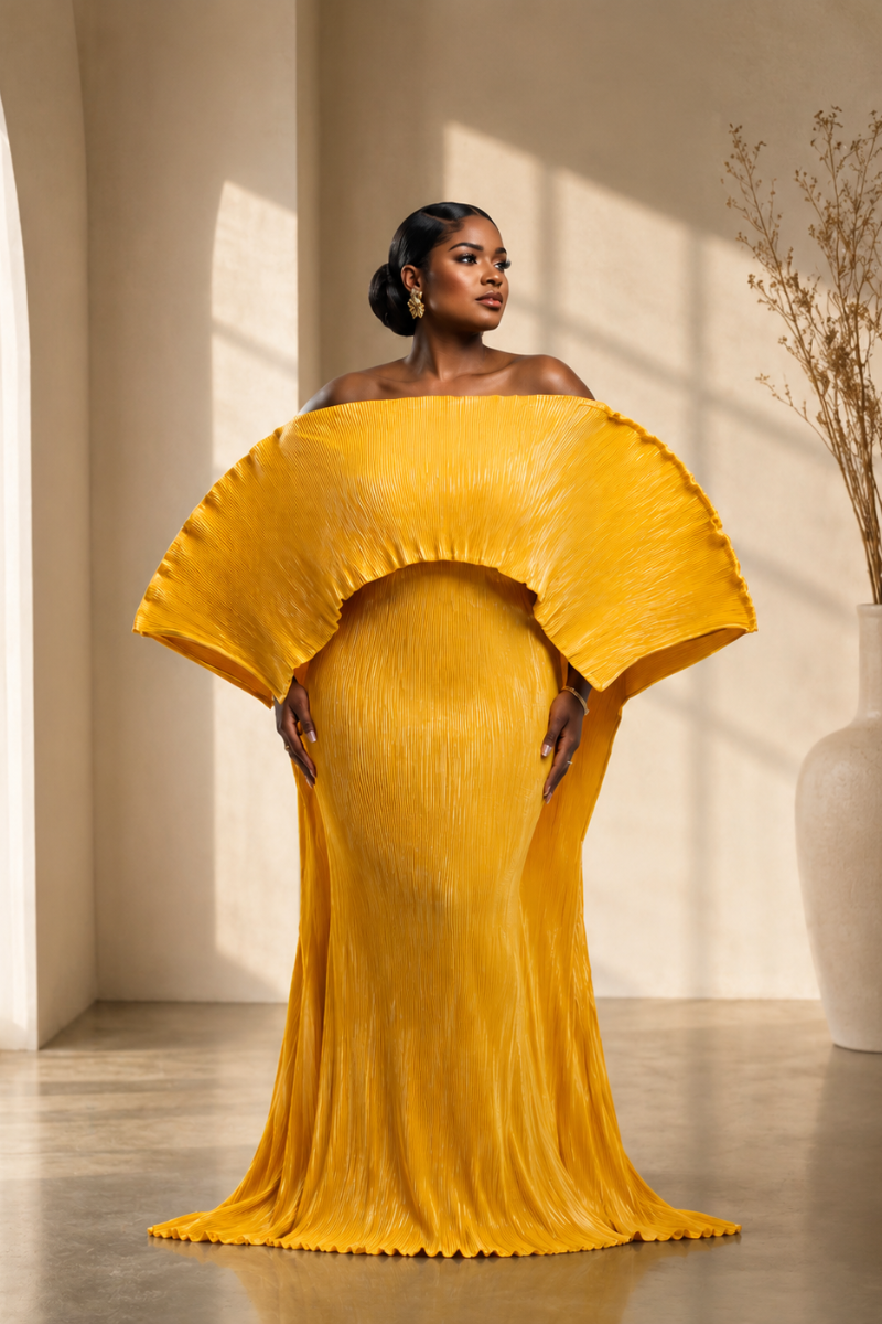ANIRA PLISSE MAXI DRESS (MUSTARD)