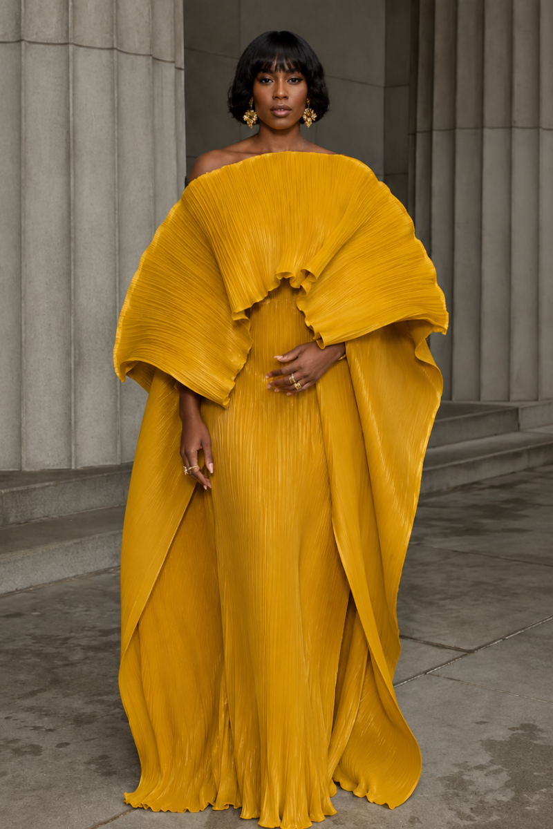 ANIRA PLISSE MAXI DRESS (MUSTARD)