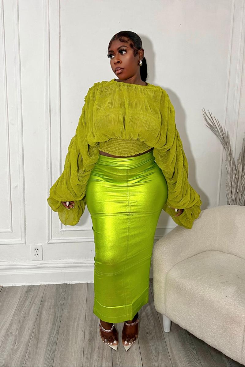 SORBAE METALLIC MIDI SKIRT (GREEN)