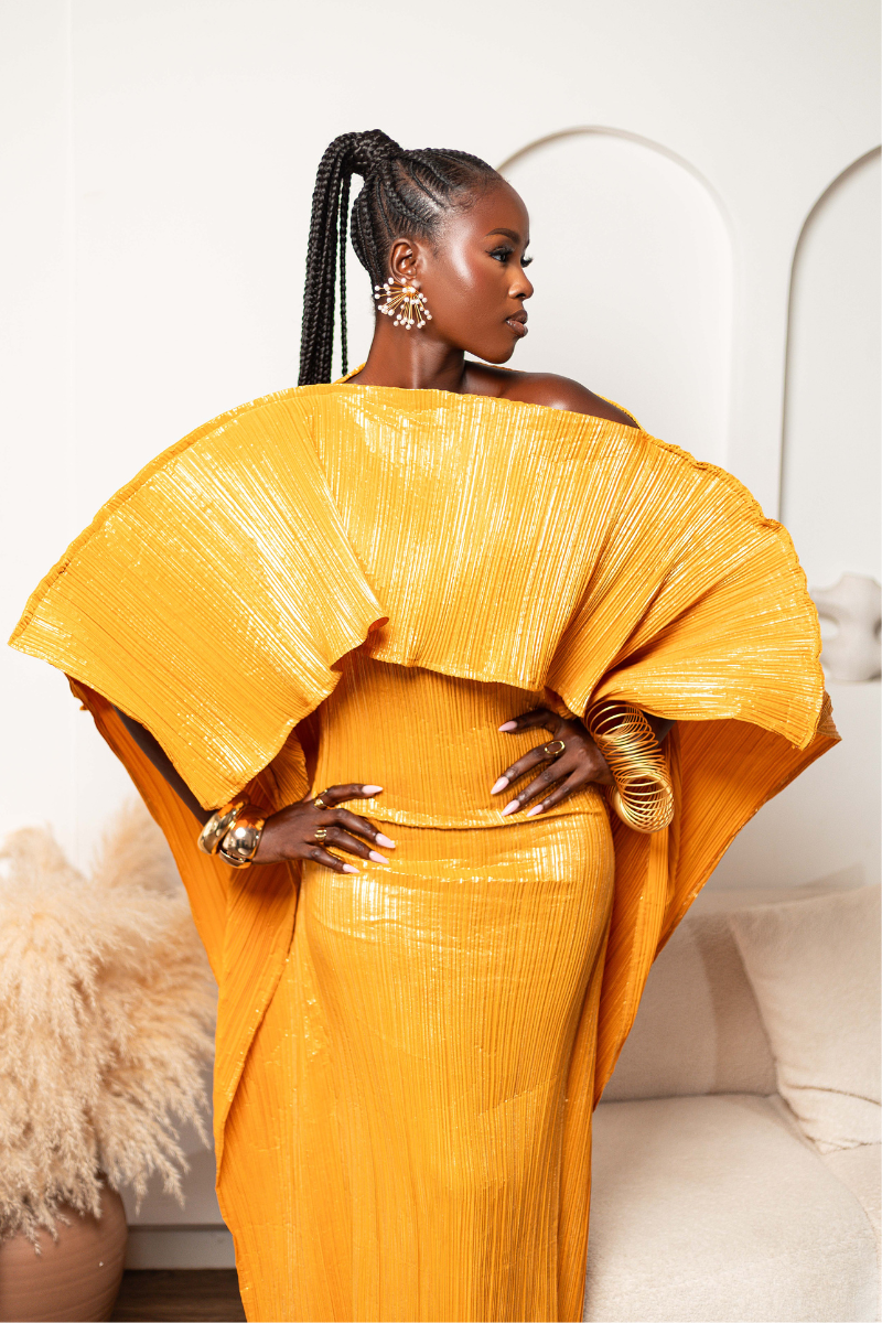 ANIRA PLISSE MAXI DRESS (MUSTARD)